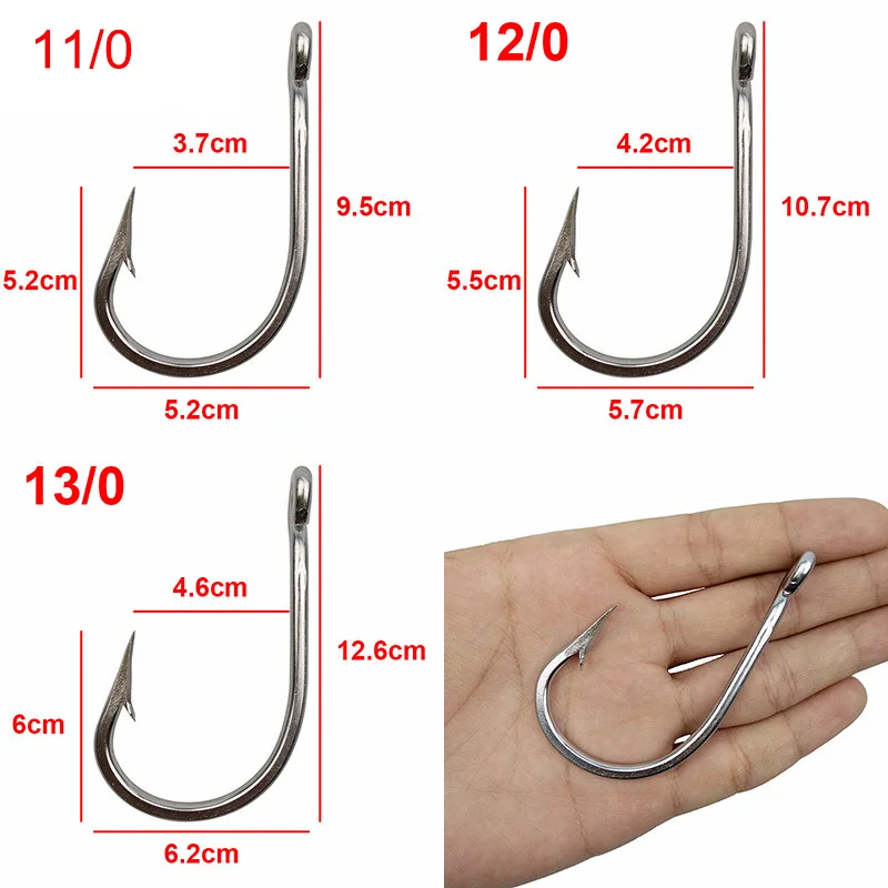 50Pcs 4X Stainless Steel Big game Fishing Hooks Saltwater Shark hooks for  Tuna Alligator Large Fishhooks 5/0-13/0