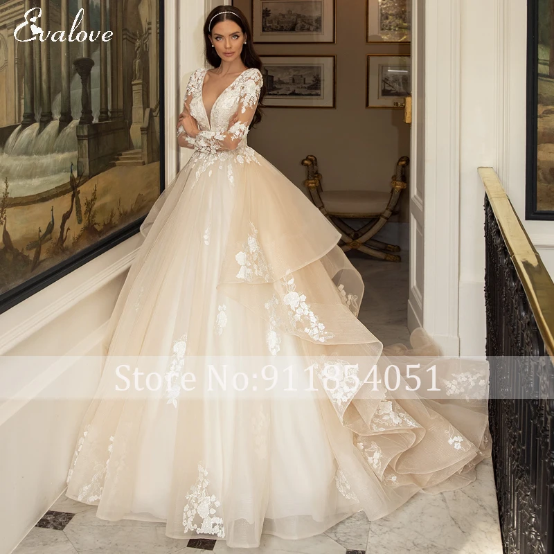 red wedding dresses EVALOVE Gorgeous Appliques Court Train A-Line Wedding Dress Luxury V-Neck Beading Long Sleeve Customized Princess Bridal Gown tea length wedding dress