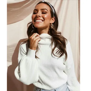 

Autumn Winter Womens Sweaters Elegant Long Sleeve High Neck Solid Color Pullover Blouse Tops Casual Loose White Warm Sweaters