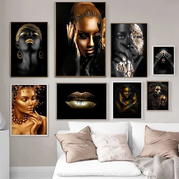 

Canvas Painting for Living Room African Art Black and Gold Woman Home Decor Light luxury Figure Scandinavian Wall Painting