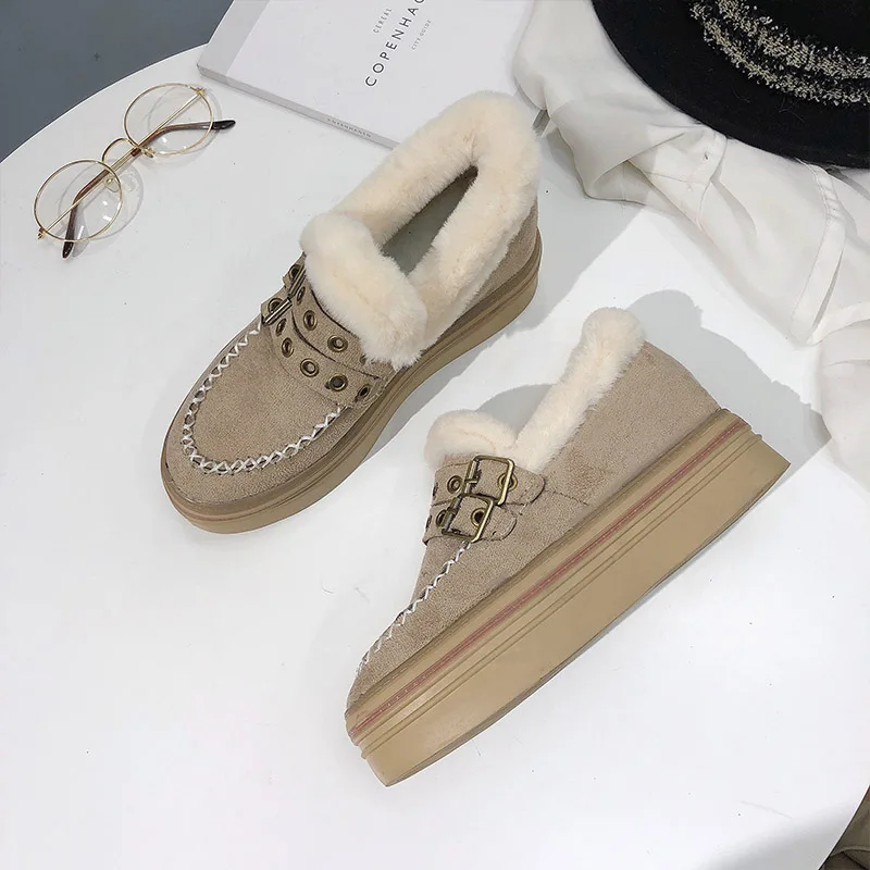 Хаки Winter new warm platform women's shoes with fur Rhinestone round head black flat shoes khaki soft brand design shoes q142 - Цвет: Хаки