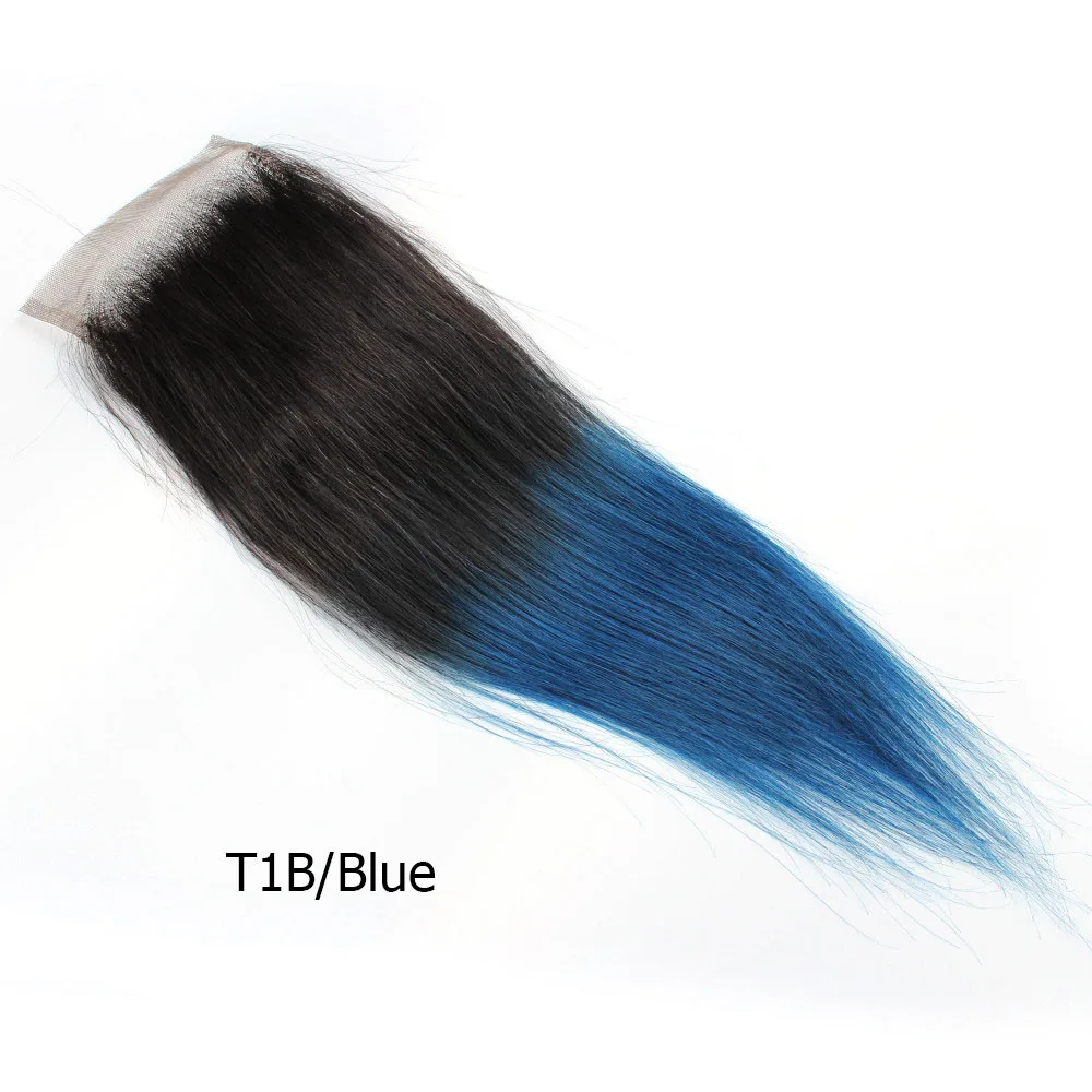 1B Blue MOGUL волосы Омбре Фиолетовый Синий Зеленый Красный бразильские 10-18 дюймов прямые волосы 4*4 Кружева Закрытие Remy человеческие волосы закрытие - Цвет волос: 1B Blue