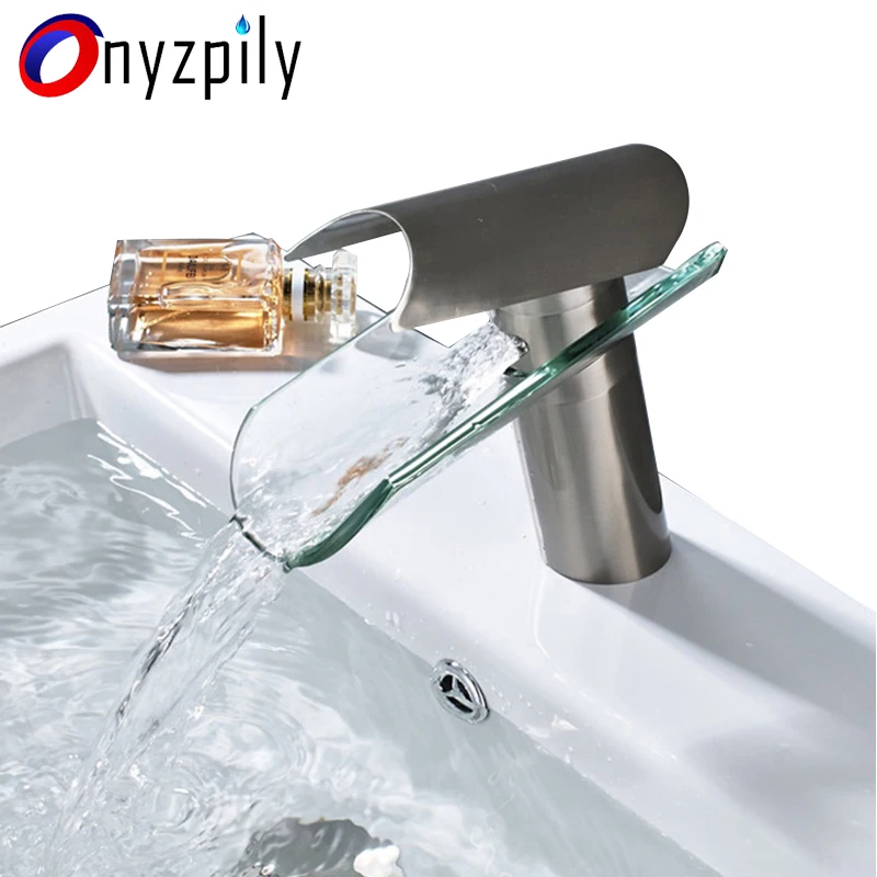 Onyzpyly черный матовый смеситель для раковины латунь стекло водопад кран для раковины одно отверстие Холодная и горячая мода прочная простая раковина fau