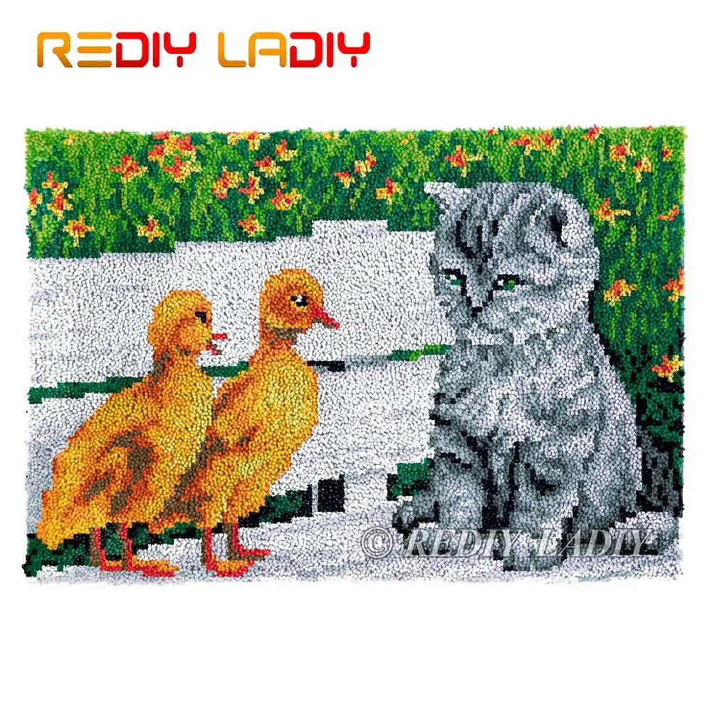 Latch Hook Rug Chunky Yarn Tapestry Kits DIY Carpet Kitten with Ducks Knitted Mat Crocheting Cushion Arts &amp Crafts 85*58cm | Дом и сад