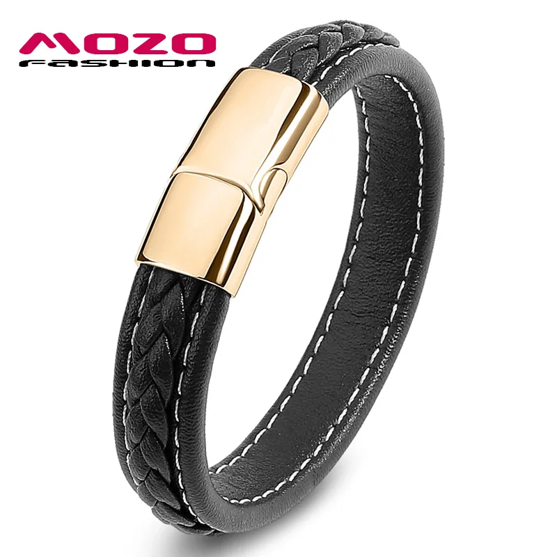 MOZO FASHION Retro Men Jewelry Braided Leather Bracelet Women Handmade Bracelet Trendy Stainless Steel Clasp Wrist Band Green - Окраска металла: SJ010-H