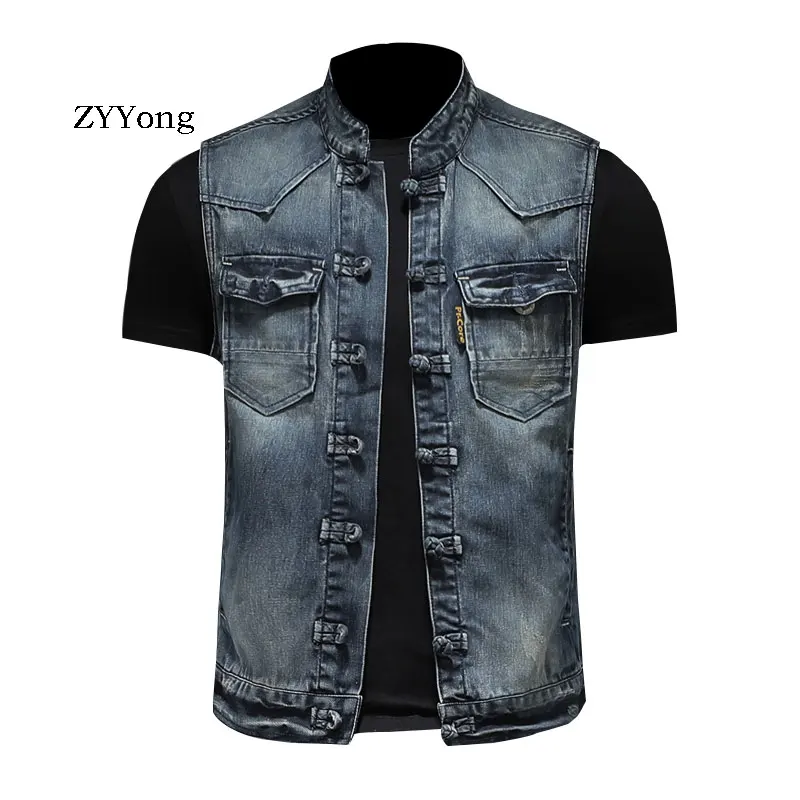 Spring Retro Stand Collar Colorblock Single Breasted Sleeveless Blue Slim Denim  Vest Coat Men Waistcoat Jean Jacket Gilet Homme jean luc amsler homme