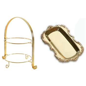 

1pcs Cake Serving Tray Engraving Edge Dessert Plate Stainless Steel & 1pcs Two-Layer Snack Rack Cake Display Rack
