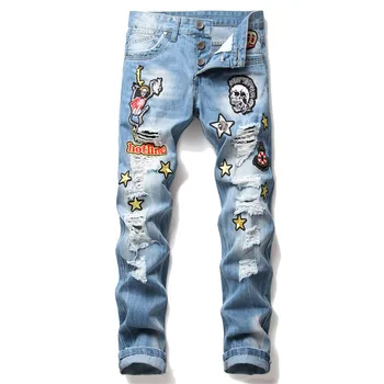 

European American style Fashion Brand Embroidery multi badge hole mens Blue jeans Men's slim jeans patchwork straight men jeans