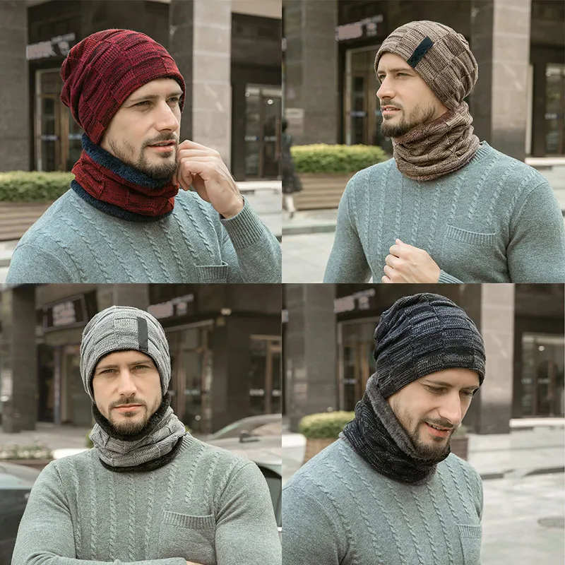 Горячая Skullies Beanies кольцо для Шляпы шарф из двух частей теплая зимняя шапка плюс бархатная Толстая шерстяная шапка для мужчин мягкая эластичная шапка мужские головные уборы