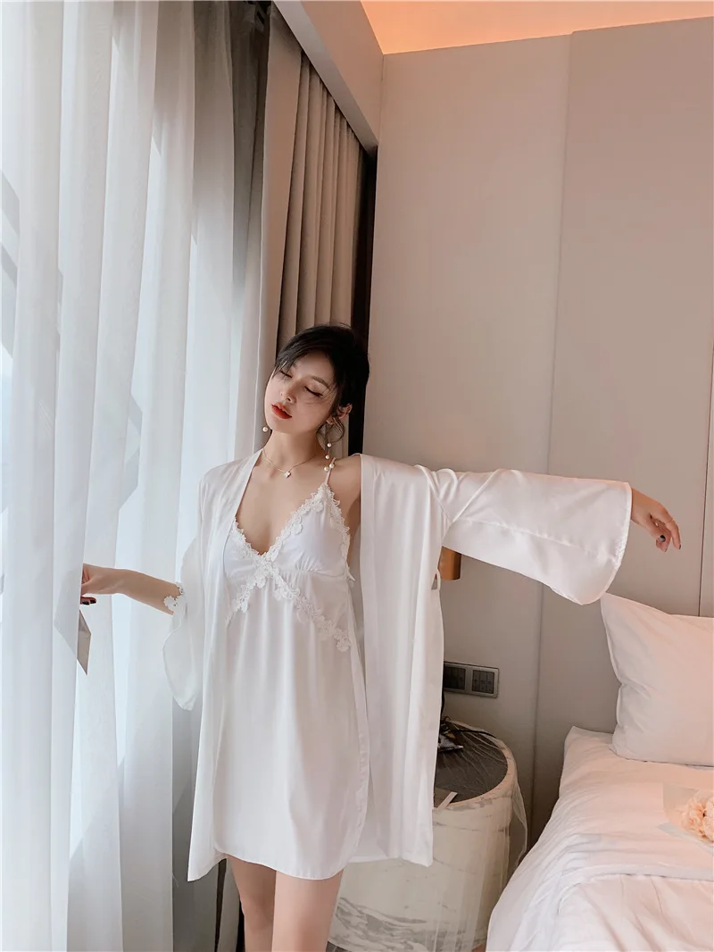Satin 2pcs Nightgown Solid White Color Sexy Lace Sleepwear Set Nightdress Simulation Silk Pajamas Women | Женская одежда