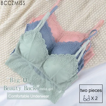 

BCCZMISS Sexy Lace Hem Lingerie 2 Pieces Women Summer Wire Free Beauty Back Bra Female With Pad Colorful Underwear Daily Wear