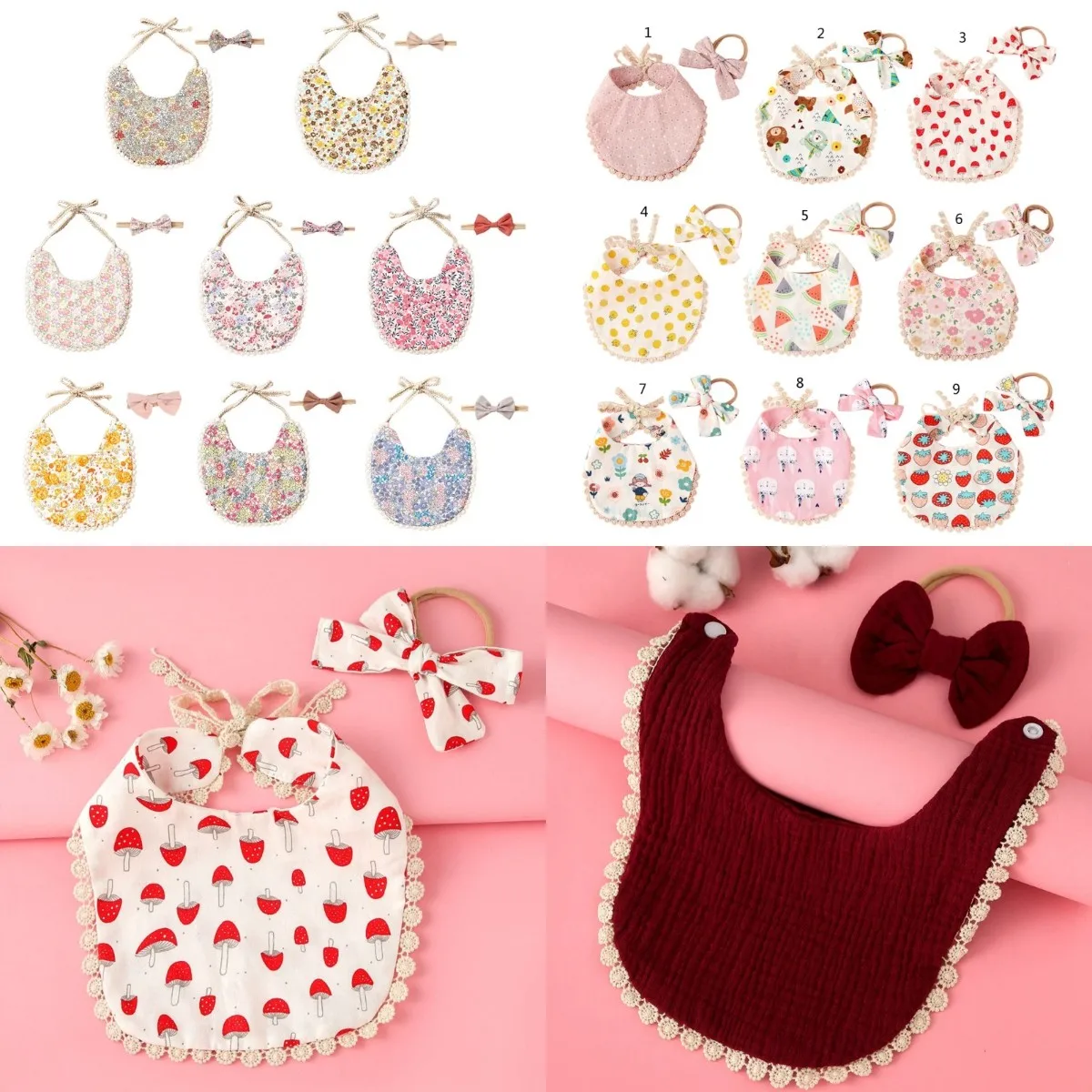 

Baby Cotton Linen Printing Bowknot Headband Bibs Set Double Sided Feeding Saliva Towel Bandana Scarf Hair Band