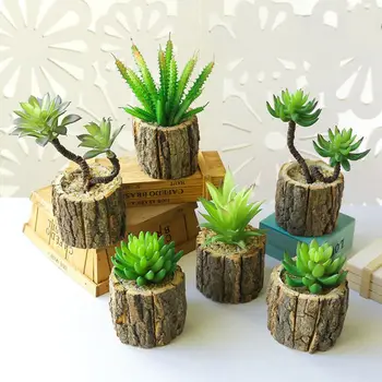 

Artificial Succulent Plants bonsai green fake plants with pot fat faux plants with wooden pot for home garden Desktop art decor