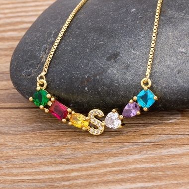 New Design Luxury Initial Alphabet A-Z Letters Charm Rainbow Pendant Necklace Copper Zirconia Choker Family Jewelry Gift