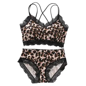 

Womens Sexy Strappy Bandage Underwear Set Ruffles Lace Bra Panty Camouflage Leopard Padded Bralette Crop Top Lingerie