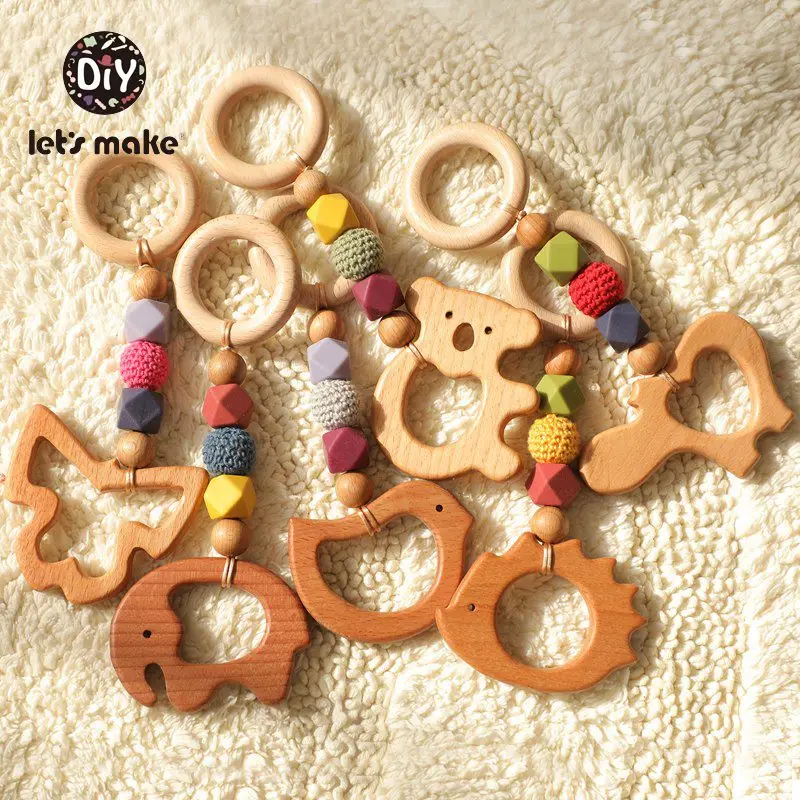 Let's Make 1pc Baby Rattle Toys Play Gym Olive Oil Beech Wooden Rodent Animal Koala Elephant Pendant Hanging Baby Wood Bed Bell