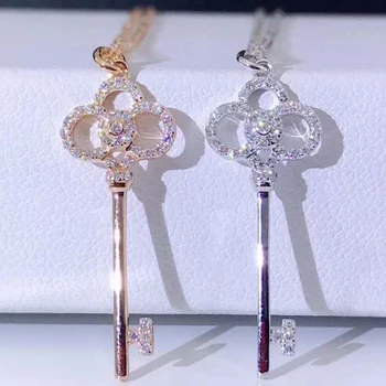 

18K Rose Gold Real Diamond Women Pendant Necklaces Key Crown Heart Wedding Party Engagement Anniversary Necklaces Birthday Gift