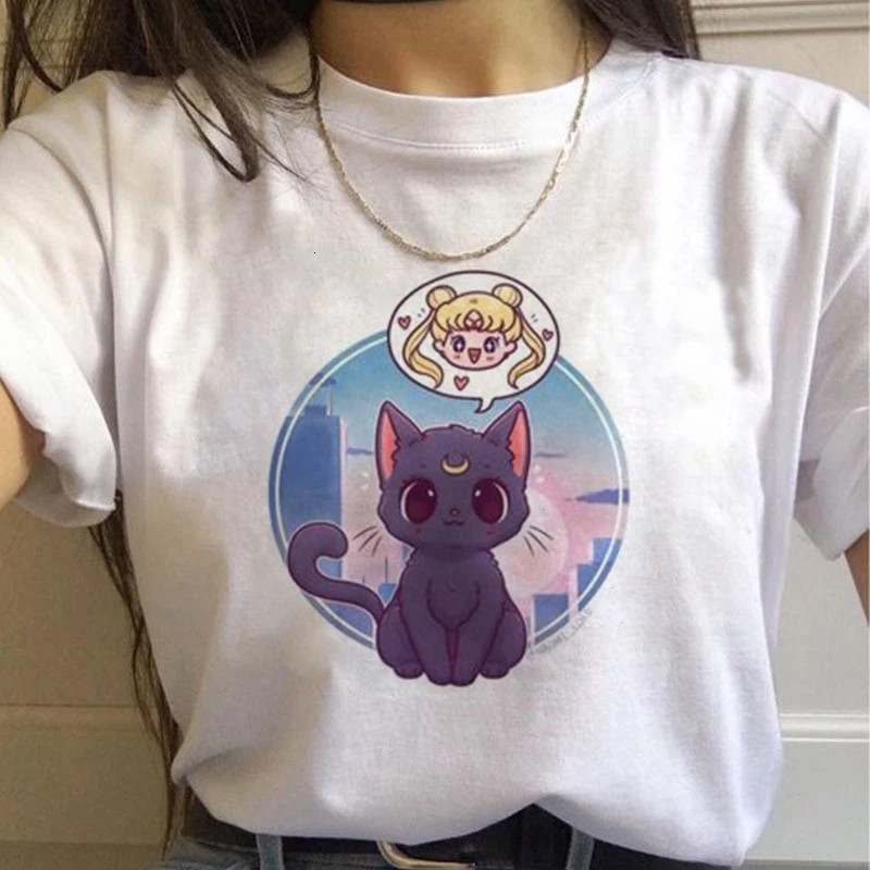 Сейлор Мун 90s забавная Футболка Harajuku одежда футболка Эстетическая кошка аниме Женская милая женская футболка Kawaii футболки Мода Ullzang - Цвет: 414
