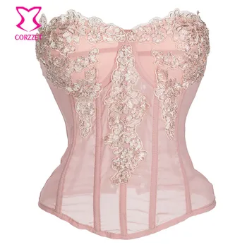 

Pink Lace Floral Appliques Sexy Lingerie Overbust Corset Lace Up Steampunk Corset Clothing Gothic Corselet