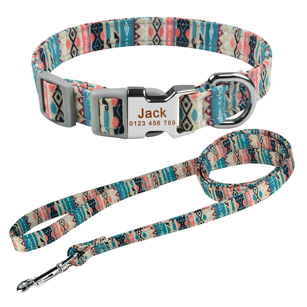 

Pet Dog Collar Leash Set Personalized Nylon Collars Lead For Small Medium Large Dogs Pitbull Bulldog Pugs Beagle Customized Tag