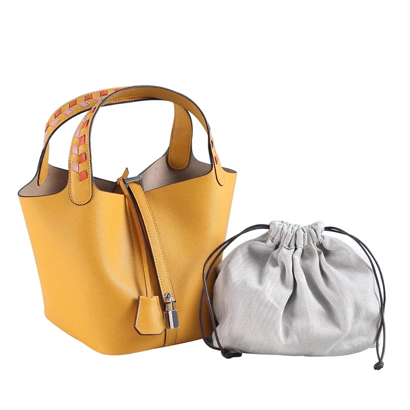 

2019 New Leather Vegetable Basket Bag Bucket One Shoulder Messenger Handbag Women Fashion Genuine Leather Shoulder Bags