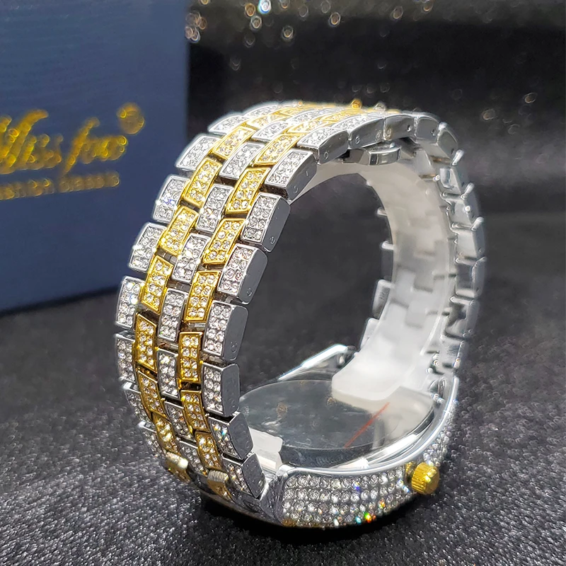 MISSFOX Ceas de aur pentru bărbați, ceasuri hip-hop bling bling tonneau cu cuarț pentru bărbați mari, impermeabil, ceas de mână Millerable_voghion.com