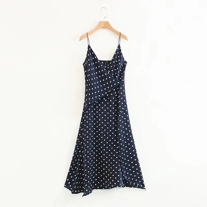 

2018 Western Style Early Spring WOMEN'S Dress New Style Wrinkled Satin Printed Polka Dot Strapped Dress