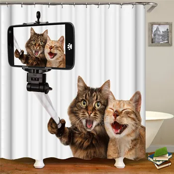 

Cartoon Funny Selfie Coffee Cat Picture Bathroom Curtain High Quality Waterproof Polyester Fabric Home Decoration