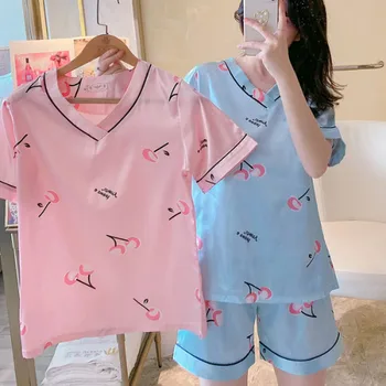 

Pajama Set for Women 2020 Summer Pink Girls Sleepwear Set V-neck Short Sleeve Pyjamas Women Casual Silk Shorts Pijamas Mujer