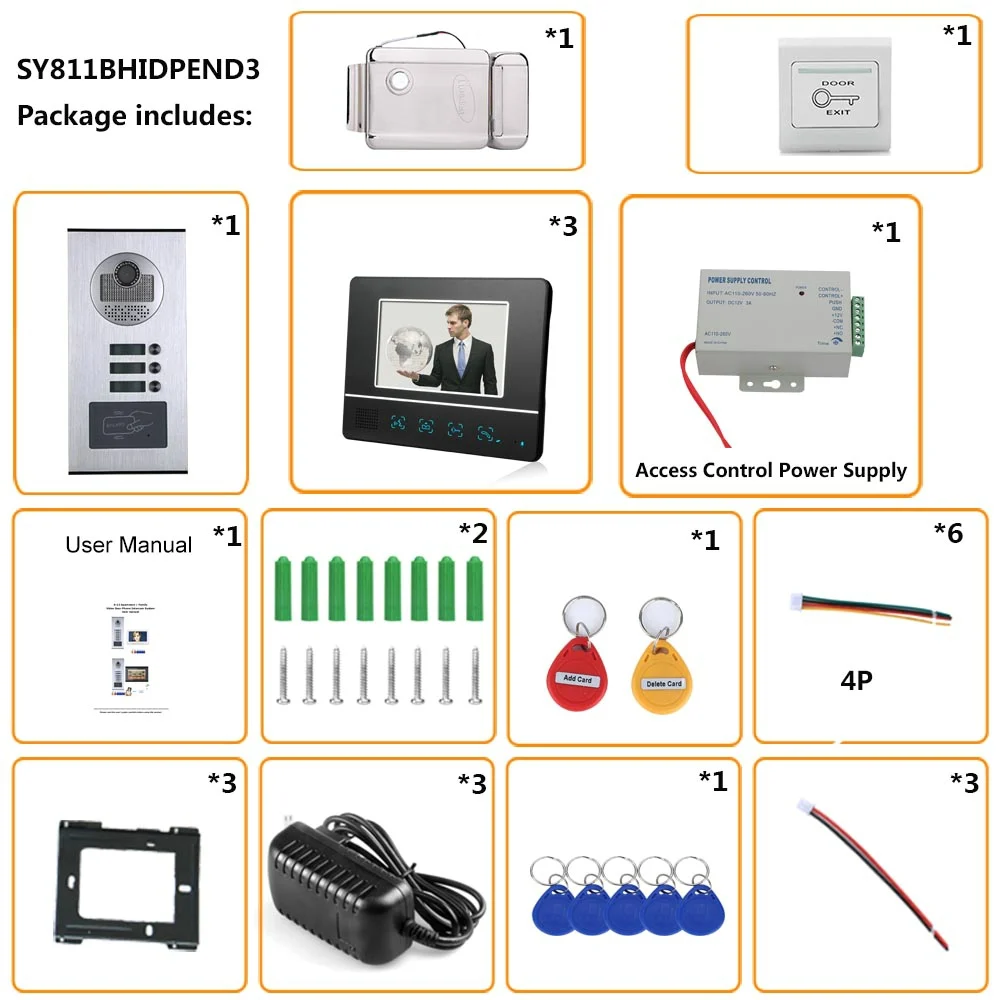 7 дюймов Сенсорная Кнопка 3 квартира/семья видео домофон система RFID 1000TVL дверной Звонок камера+ Электрический замок удара