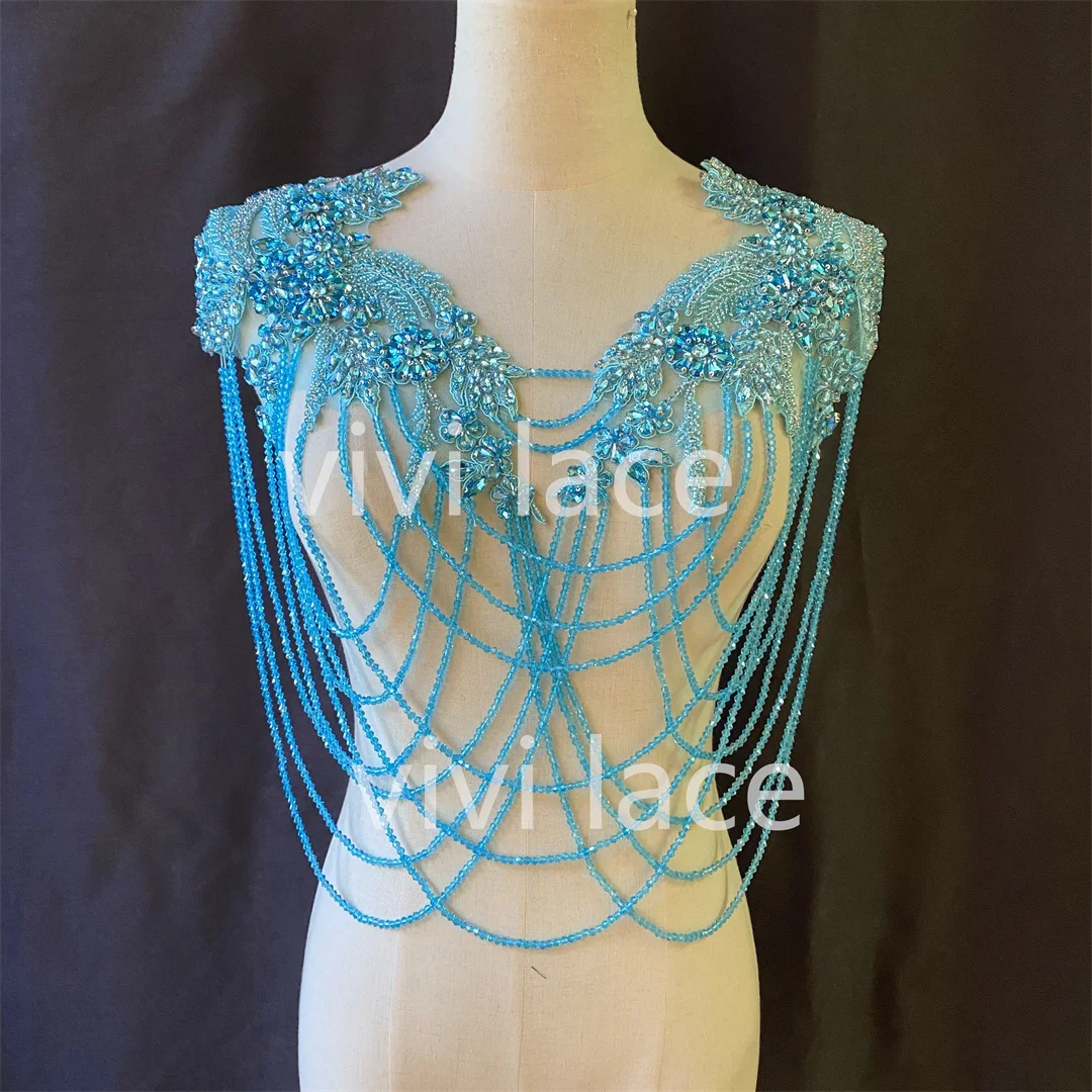 

Blue Stock Wedding Best Quality Top Quality Fringe Crystal Beads Neck Lace For Sawing Bridal Dress /Fashion Designer