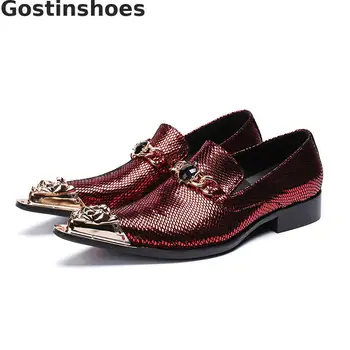 

Men Casual Shoes Loafers Genuine Leather Plaid Printed Red Leather Men Leisure Shoes Metal Cap Toe Pointed Slip On Men Shoes