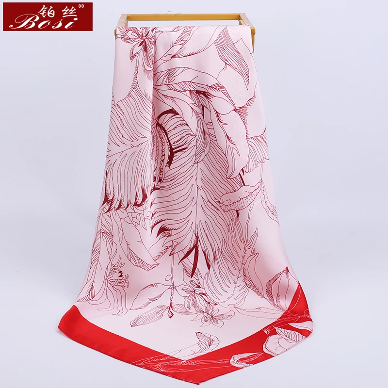 

BOSI Square Scarf Flowers Women print Multicolor Silk Satin Shawl for Fashion Luxury Brand Ladies Hijab Bandana Scarves 90*90cm