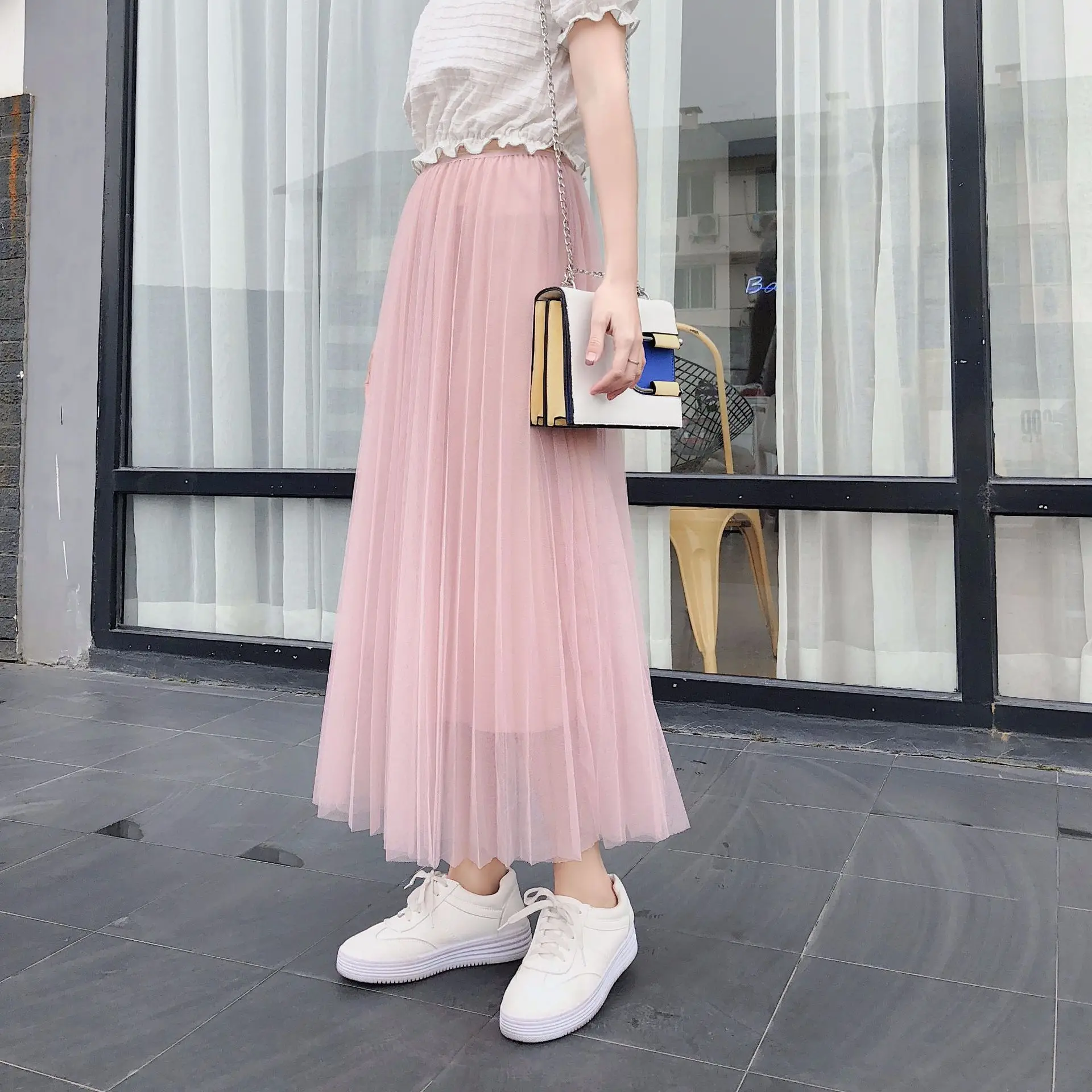 Spring And Summer High-waisted Slimming Pleated Skirt Women's Korean-style Versatile Mid-length Gauze Tutu A- line Long Ski
