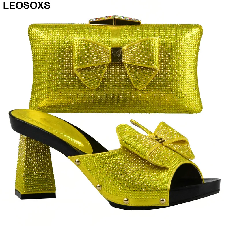 

2020 Italian Matching Shoes and Bag Set Yellow Color African Shoe and Bag Set Decorated with Rhinestone Nigerian Shoes and Bag
