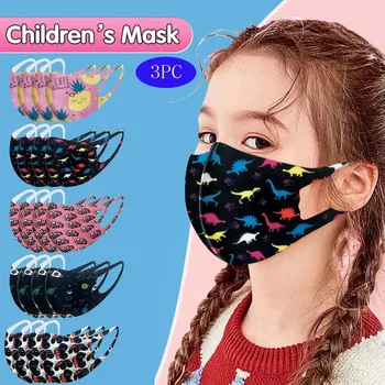 

3PC Child Kids Printed Ice Silk Face Mask To Protect Against Dustproof And Haze Mask Dinosaur Printing Reusable Washable Mask