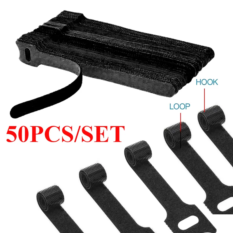 50pcs Self-adhesive Fixed Tape Nylon Cable Tie Wire Reusable Hook and Loop  Fastener Tape Strap Wire Ties