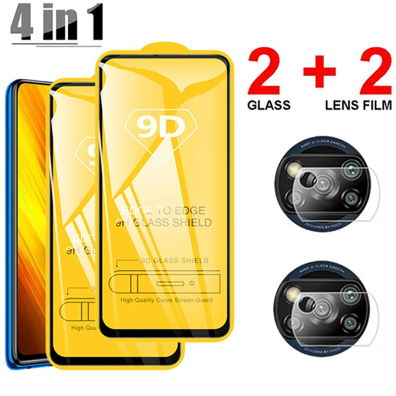 Защитное стекло 9D для экрана и камеры Xiaomi Poco X3 NFC F2 Pro X3Pro M3 F3 4 в 1 | Мобильные