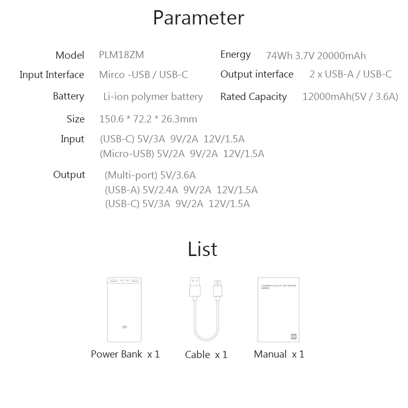 Xiaomi power bank 20000 мАч 3 plm18zm 18 w 2 сторонняя carregamento по применению usb c ноутбук mi внешний