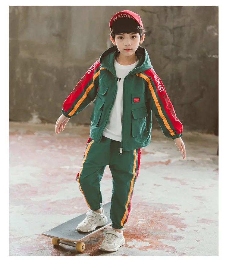 Комплект спортивной одежды для мальчиков, новинка года, весенне-Осенняя детская одежда комплекты детской одежды с 2 карманами 2 цвета в стиле пэчворк, Size4-14, ly568