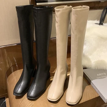 2021 Women Winter Concise 7cm Knee High Boots Warm Fur Waterproof High Quality Boots Female Pointed Toe Stiletto Heels Shoes tanie i dobre opinie Urworthit Square heel Modern Boots CN(Origin) Knee-High zipper Solid Adult Artificial Fluf Rubber High (5cm-8cm) 0-3cm Fits true to size take your normal size