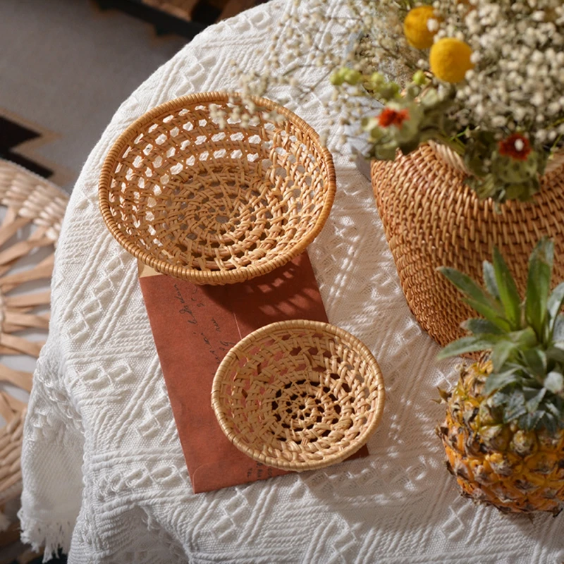 Rattan Bread Basket Round Hand-Woven Tea Tray Food Serving Platter For Dinner Parties Coffee Breakfast Container Household 6