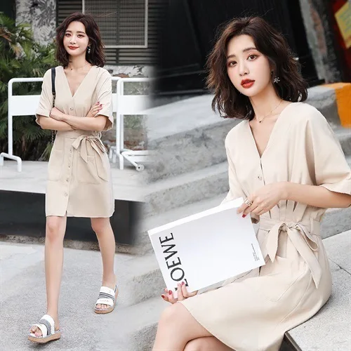 

2019 AMOI by Age Elegant Gentle Jumpsuit with Belt Slimming Significantly Higher V-neck Dual Pocket WOMEN'S Suit