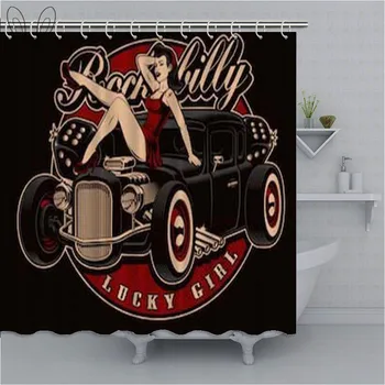 

Red Vintage Hot Rod Cars and Pin Up Girls Shower Curtains Retro Style Waterproof Polyester Fabric Bathroom Curtain Sets
