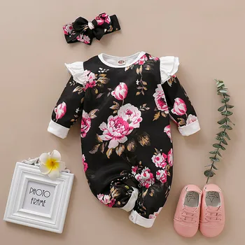 

2019 Kids Clothes Infant Newborn Baby Boys Girls Floral Print Long Sleeve Romper Jumpsuit Headband Outfits Roupa Infantil 6M-24M