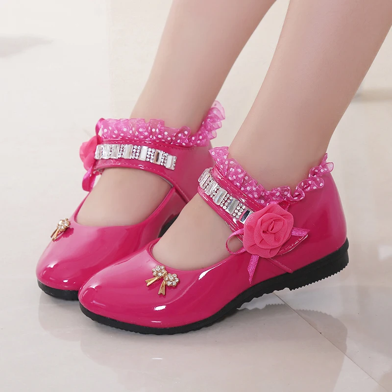 

Spring Patent leather Rhinestone princess Girls Shoes with Rose Flower Fashion Wedding party shoes Slip-on Children Flat Shoes