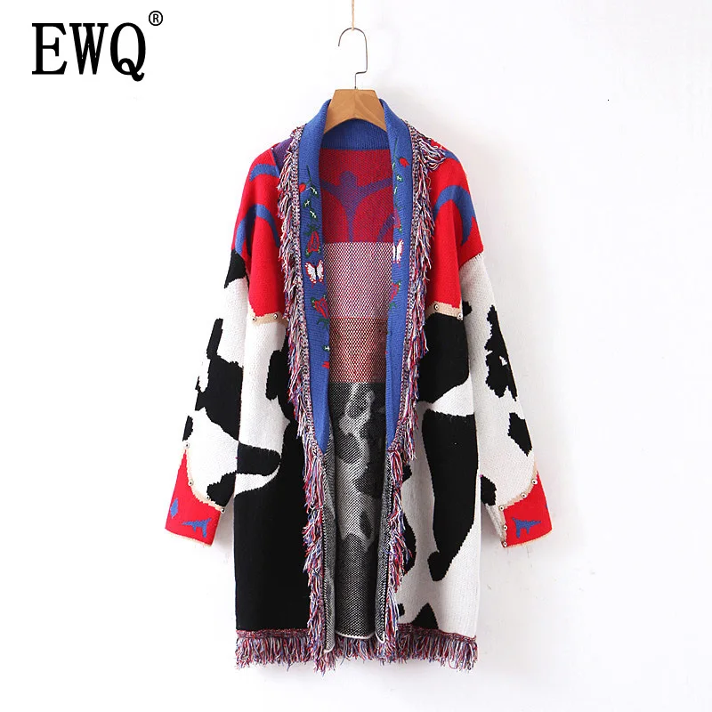 Best Price [EWQ] Women Clothes 2020 Spring Autumn Clothes Women Lazy Wind Cow Line Tassel Cardigan Women Sweater Women 19C-a152