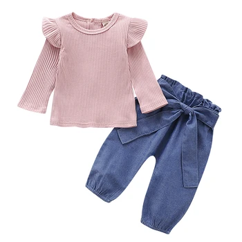 

Newborn Autumn Clothes Kids Baby Girl Sets Knitted Long Sleeve Bodysuit+Bowknot Lace-up Pants 2Pcs Baby Girl Outfits 0-18M