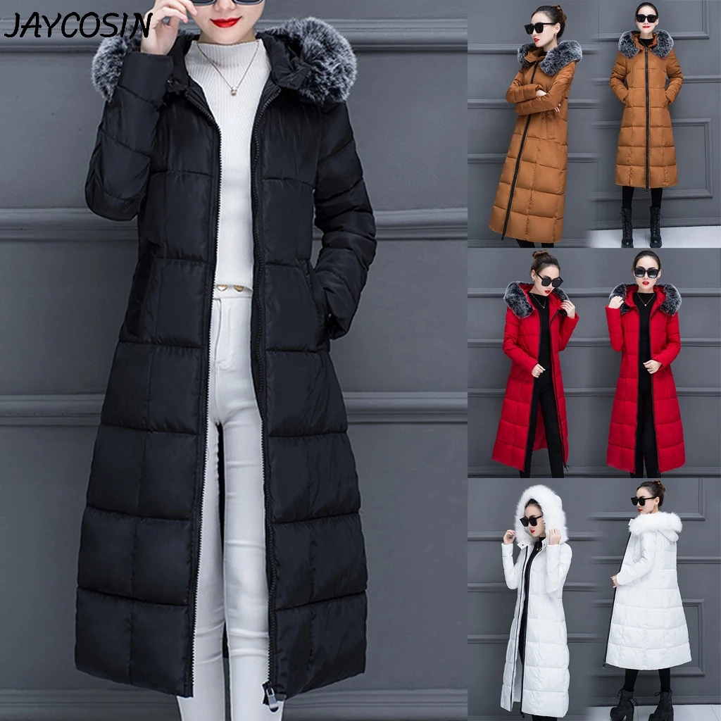 JAYCOSIN Women Parka Coat Zipper Pockets Down Cotton Faux Fur Collar Hooded Coats Winter Warm Fashion Long Jackets Outwear Coat