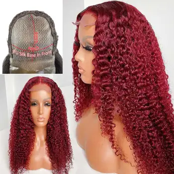 

PU Silk Base Wig Burgundy Colored Lace Front Human Hair Wig 99J Red Kinky Curly Invisible Silk Top Wig 150 180 250 Density